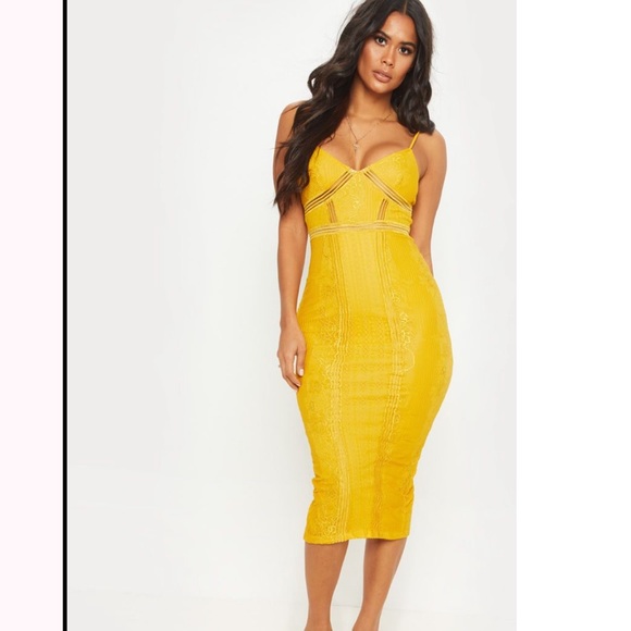 PrettyLittleThing Dresses & Skirts - Mustard Lace Mesh Stripe Insert Midi Dress